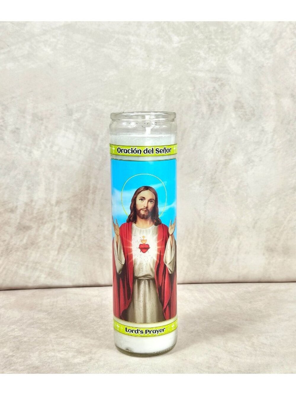 8" Jesus Sacred Heart Prayer Candle Glass Jar Lord's Prayer Religious Devotional